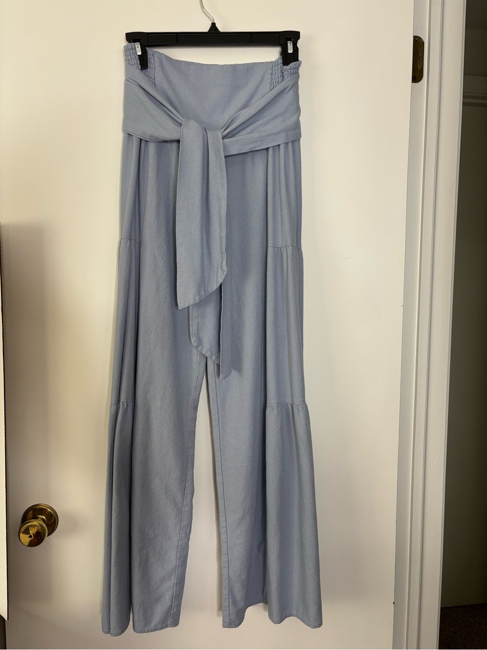 High-Waist Wide Leg Tie-Waist Pants in Light Blue